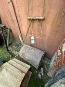Lot of Antique Cast Iron Lawn Roller & Wood Slat Bird Feeder