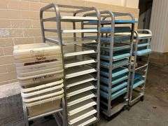 Group of Pan Racks, Pans, Tubs, and Cart