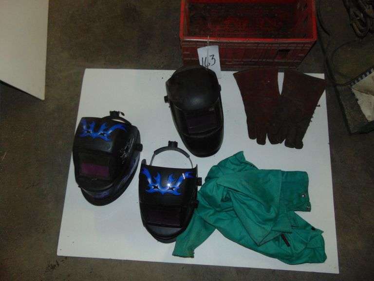 Three Welding Helmets w/Sleeves & Gloves