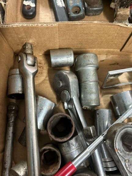 Tray of Assoretd Sockets, Rachets, and Breaker Bar