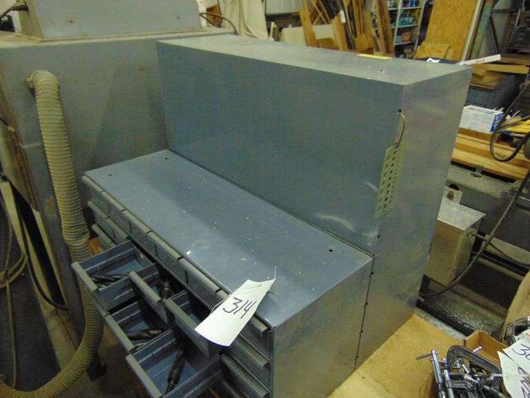 Three Metal Cabinet Misc. Milling Bits, Drill Bits Taps & Etc on Wooden Shelf w/Casters