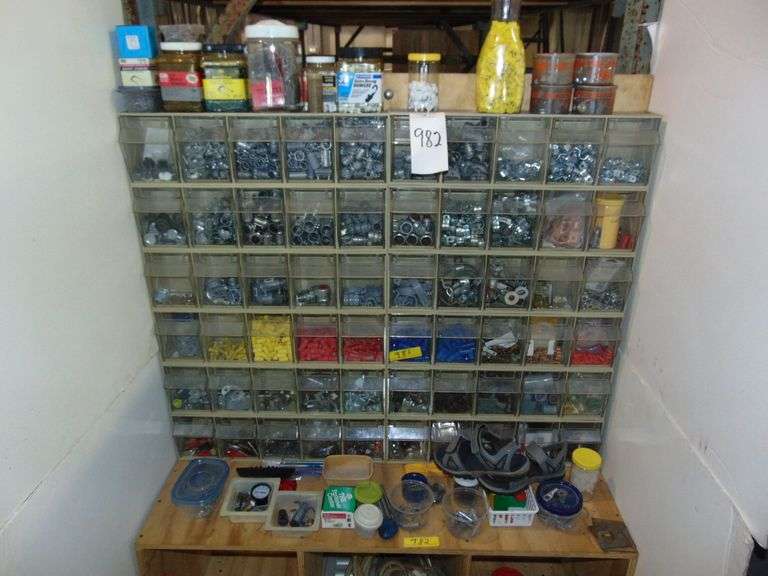 Storage Bin of Misc. Elec. Wire Nuts, Conduit Coupling, Etc. w/Wooden Stand image