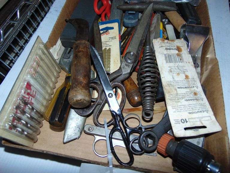 Tray of Tools, Welding Hammer, Scissors, Etc.
