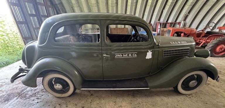 1935 Ford Tudor Sedan | Painted Green with "U.S.A.-W-1825", "29th Inf. H. Co." | Ford Flathead V8 Engine GB-6050|Miles Unknown | HAVE TITLE | VIN# 181624024