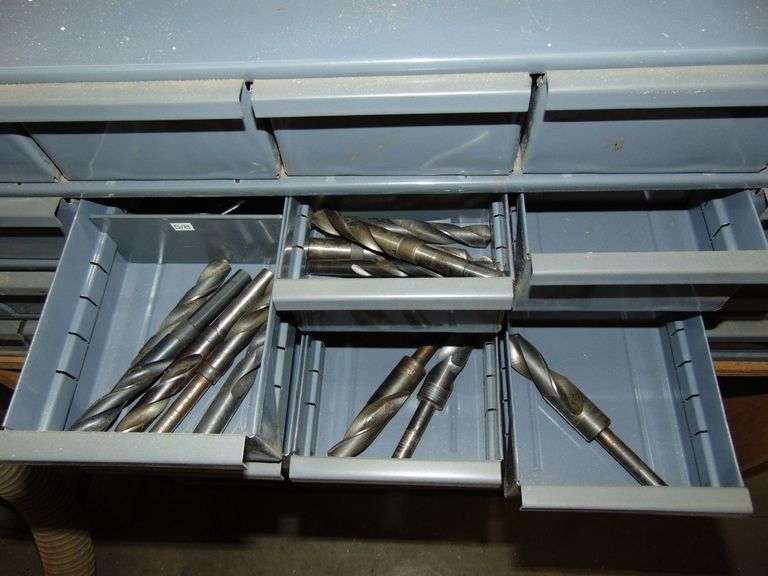 Three Metal Cabinet Misc. Milling Bits, Drill Bits Taps & Etc on Wooden Shelf w/Casters