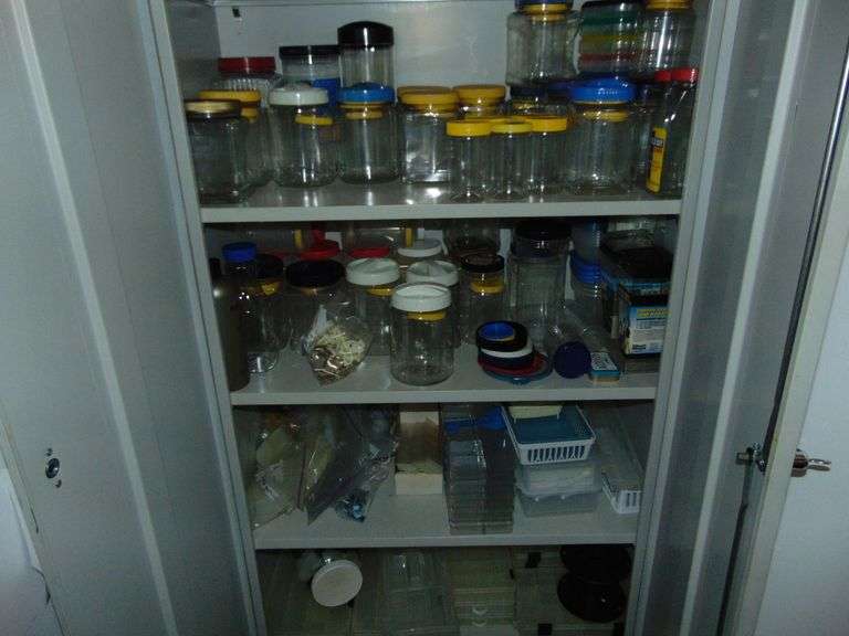 Metal Two Door Cabinet & Contents of Jars
