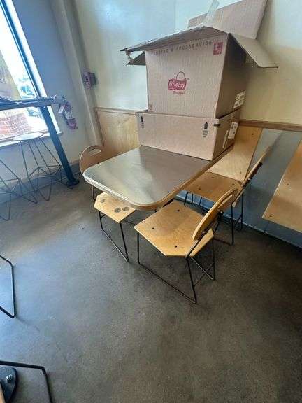 (3x) Wood Dining Tables with Metal Base & Stainless Steel Top ( Includes 4 Chairs for each table)