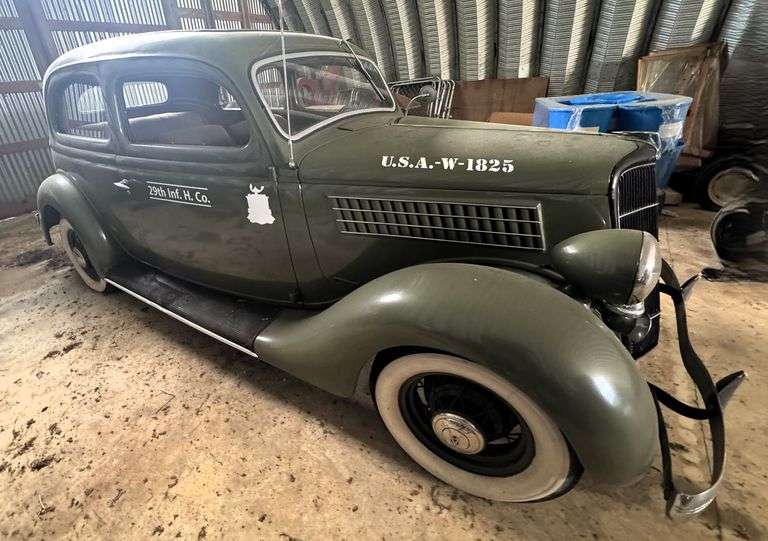 1935 Ford Tudor Sedan | Painted Green with "U.S.A.-W-1825", "29th Inf. H. Co." | Ford Flathead V8 Engine GB-6050|Miles Unknown | HAVE TITLE | VIN# 181624024