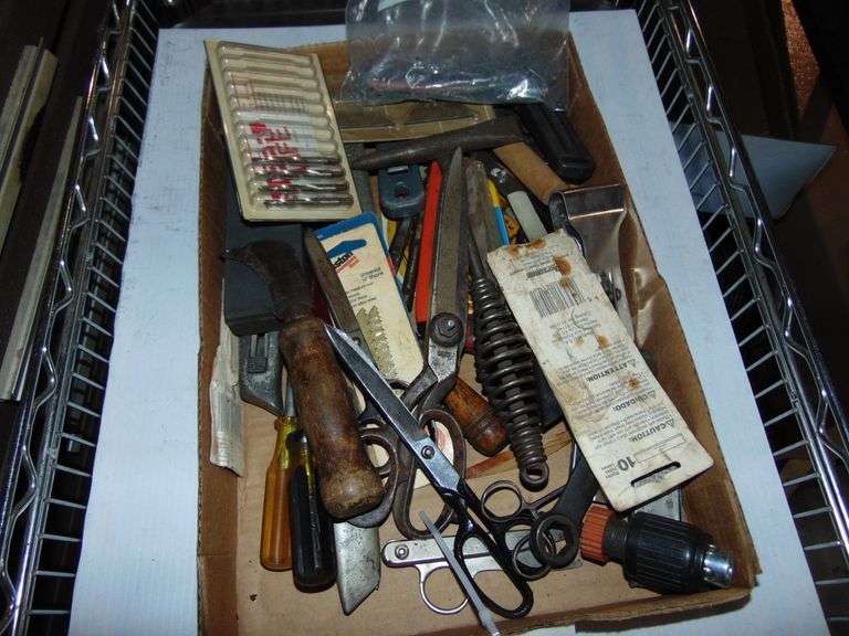 Tray of Tools, Welding Hammer, Scissors, Etc.