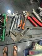 Assorted Wrenches, Adjustables, Ratcheting Sockets & Channel Locks