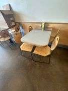 (3x) Wood Dining Tables with Metal Base & Stainless Steel Top ( Includes 4 Chairs for each table)
