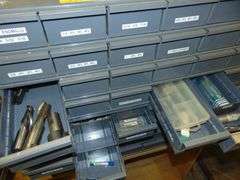 Three Metal Cabinet Misc. Milling Bits, Drill Bits Taps & Etc on Wooden Shelf w/Casters