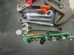 Assorted Wrenches, Adjustables, Ratcheting Sockets & Channel Locks