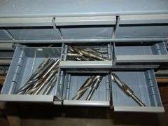 Three Metal Cabinet Misc. Milling Bits, Drill Bits Taps & Etc on Wooden Shelf w/Casters