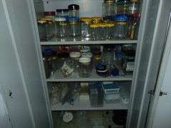 Metal Two Door Cabinet & Contents of Jars