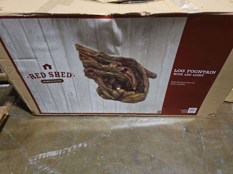 Red Shed Log Fountain with LED Light