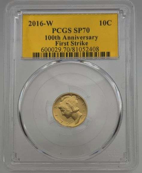 2016-W PCGS SP70 100th Anniversary First Strike Gold Mercury Dime image