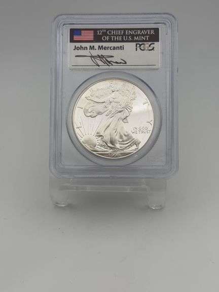 1999-P PCGS PR69DCAM Silver Eagle 12th Chief Engraver John M. Mercanti Autographed image