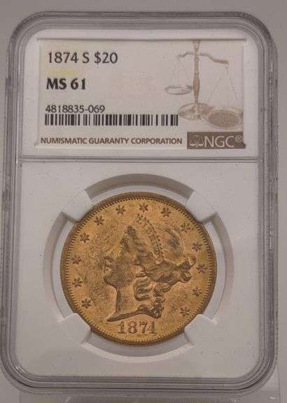 1874-S Liberty Head $20 Gold Coin NGC MS61 image