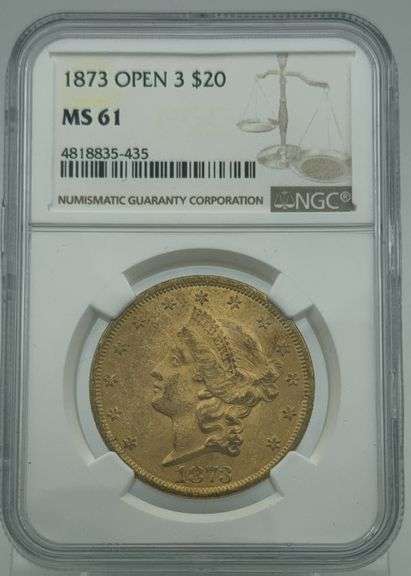 1873 Open 3 $20 Liberty Gold Coin, NGC MS 61 image