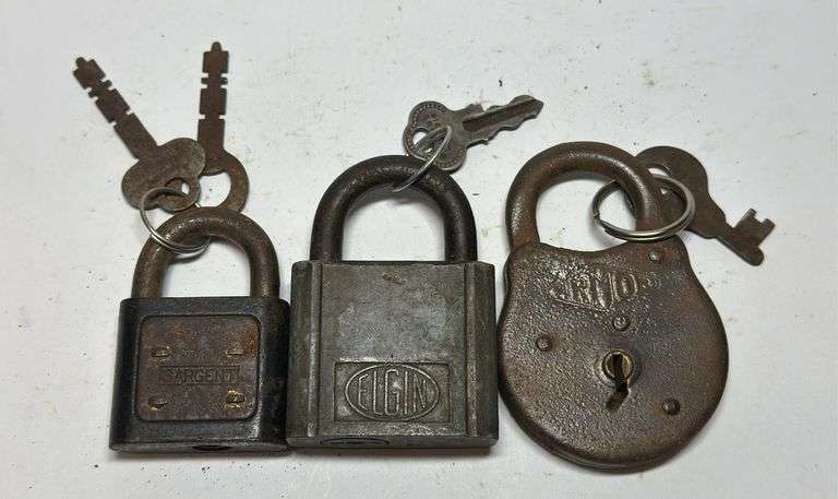 Set of Three Padlocks with Keys - Sargent, Elgin & Unmarked image