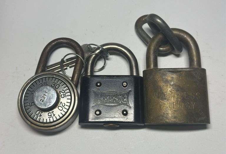 Lot of 3 Padlocks - Reese, Progress Energy, and Combination Lock image