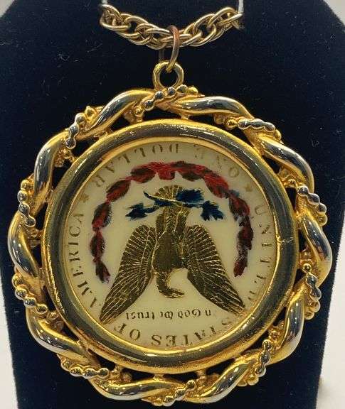 1880 Enameled Liberty Head Dollar Pendant with Chain