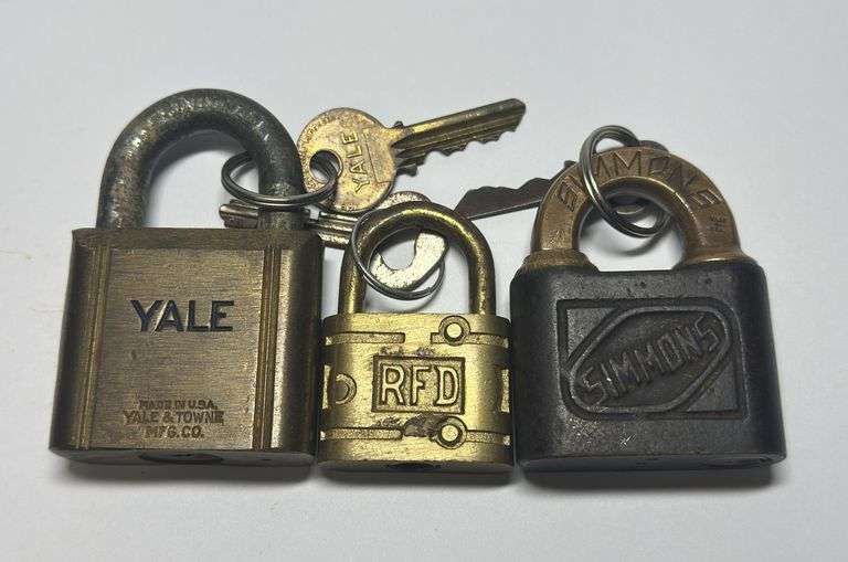 Set of Yale, RFD, and Simmons Padlocks with Keys image