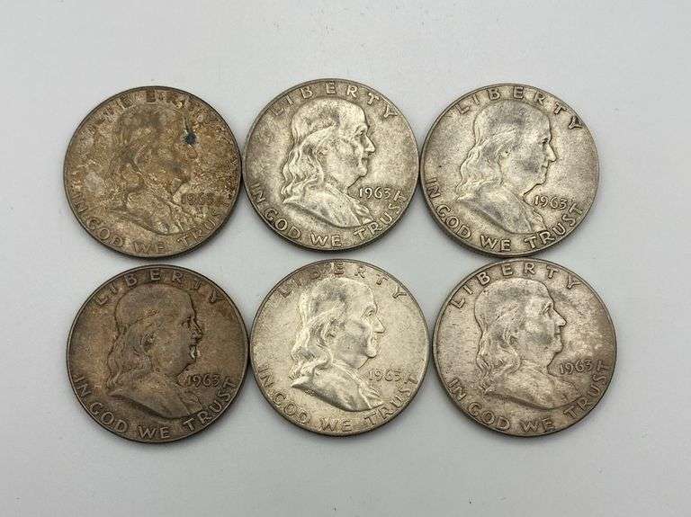 Lot of 6 1963-D Franklin Half Dollars image