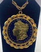 1880 Enameled Liberty Head Dollar Pendant with Chain