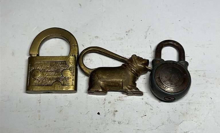 Three Assorted Brass Padlocks - Dog Figure Lock image
