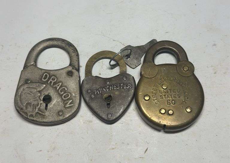 Lot of 3 Padlocks - Dragon, Winchester Heart, Letter Box United States image