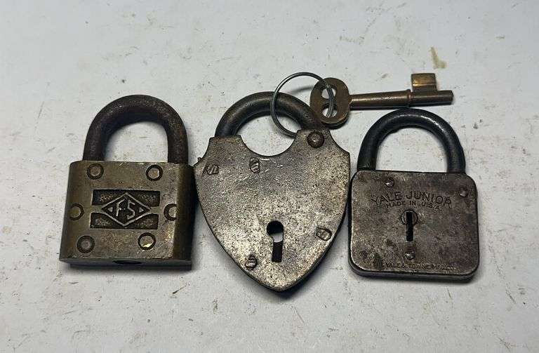 Collection of Three Padlocks - FS, Heart-Shaped, and Yale Junior with Key image