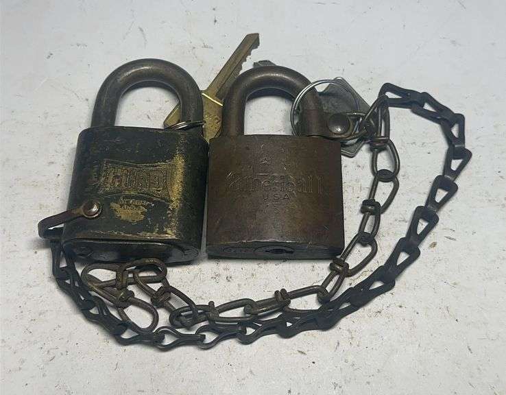 Two Vintage Padlocks with Chains and Keys: Thorp and American image