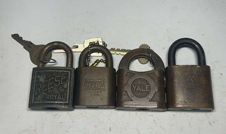 Lot of Four Vintage Style Padlocks: Reese Royal, Hurd Detroit USA, and Yale image