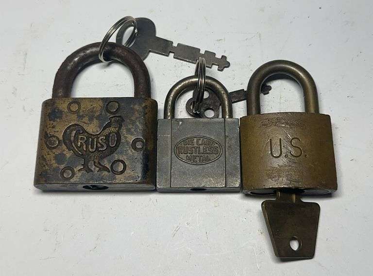Lot of 3 Padlocks - RUSO, Die Cast Rustless Metal, American Lock Company US image