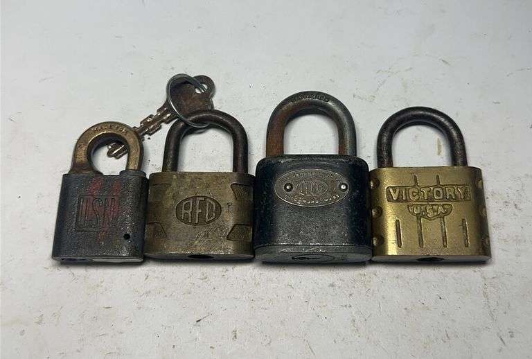 Collection of Four Padlocks - USN, Yale, RFD, Victory image