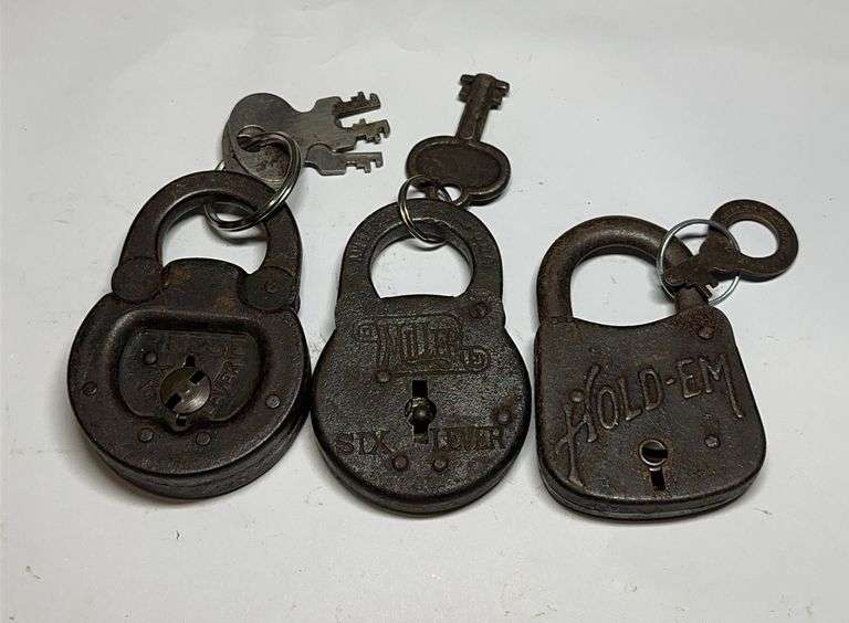 Lot of 3 Locks with Keys: Miller Six Lever and Hold-Em image