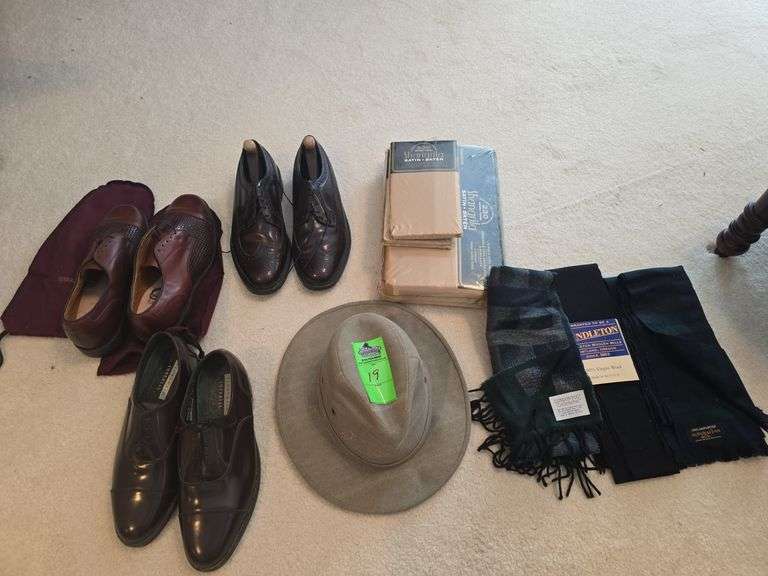 King size satin sheet set, hat, 3 scarves, and 3 pair dress shoes (size 10.5) image