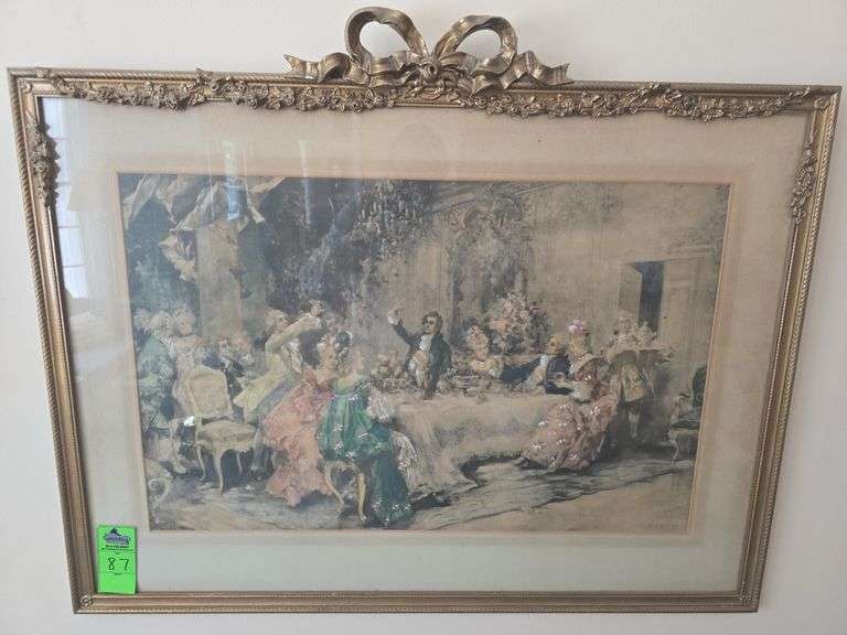 framed hand-colored print, likely a lithograph, after the Spanish artist Vicente García de Paredes. 
The artwork is known as "The Favourite Party of Louis XV at Choisy". image