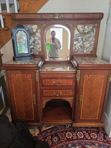 French 19th-century Louis XVI-style mahogany, ormolu, and Fleur de Pêcher marble buffet with a mirror. image