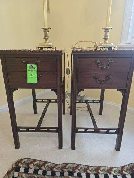 Chippendale-style mahogany end table with two drawers and brass hardware. Set of 2, lamps NOT included image