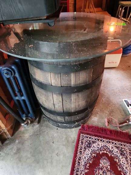 Whiskey barrel glass top table