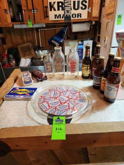 Milk bottles, beer bottles, Budweiser serving tray, and cars
