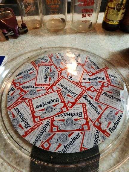 Milk bottles, beer bottles, Budweiser serving tray, and cars