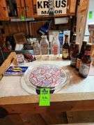 Milk bottles, beer bottles, Budweiser serving tray, and cars