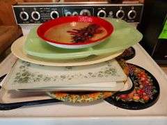 Microwave, toaste,  pots, serving trays, cutting boards
