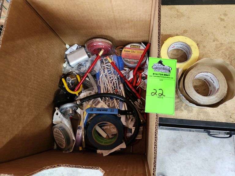 Box of miscellaneous hanging brackets and tapes