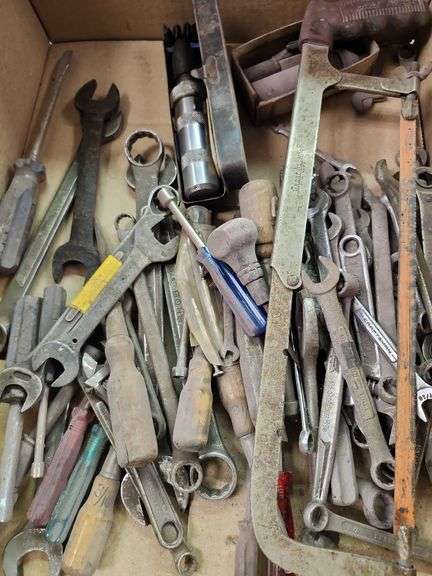 Wrenches, screwdrivers, hacksaw, miscellaneous