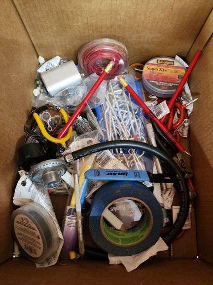 Box of miscellaneous hanging brackets and tapes
